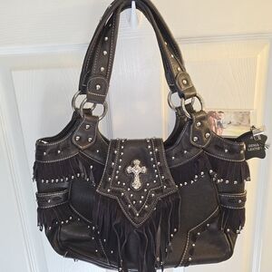 Montana West Brown Leather Shoulder Bag with Studded Cross